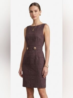 Milly Textured Sheath Dress Bateau Gold Button Open Back Dress Brown Size 4